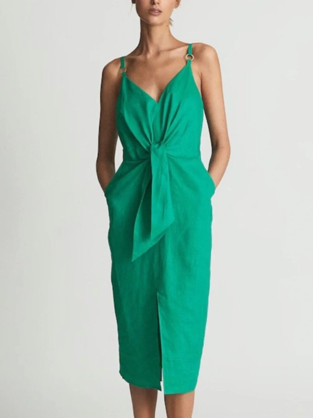 Reiss Kay Womens Tie Detail V-Neck Midi Dress Size 10 Green Linen Pockets Casual